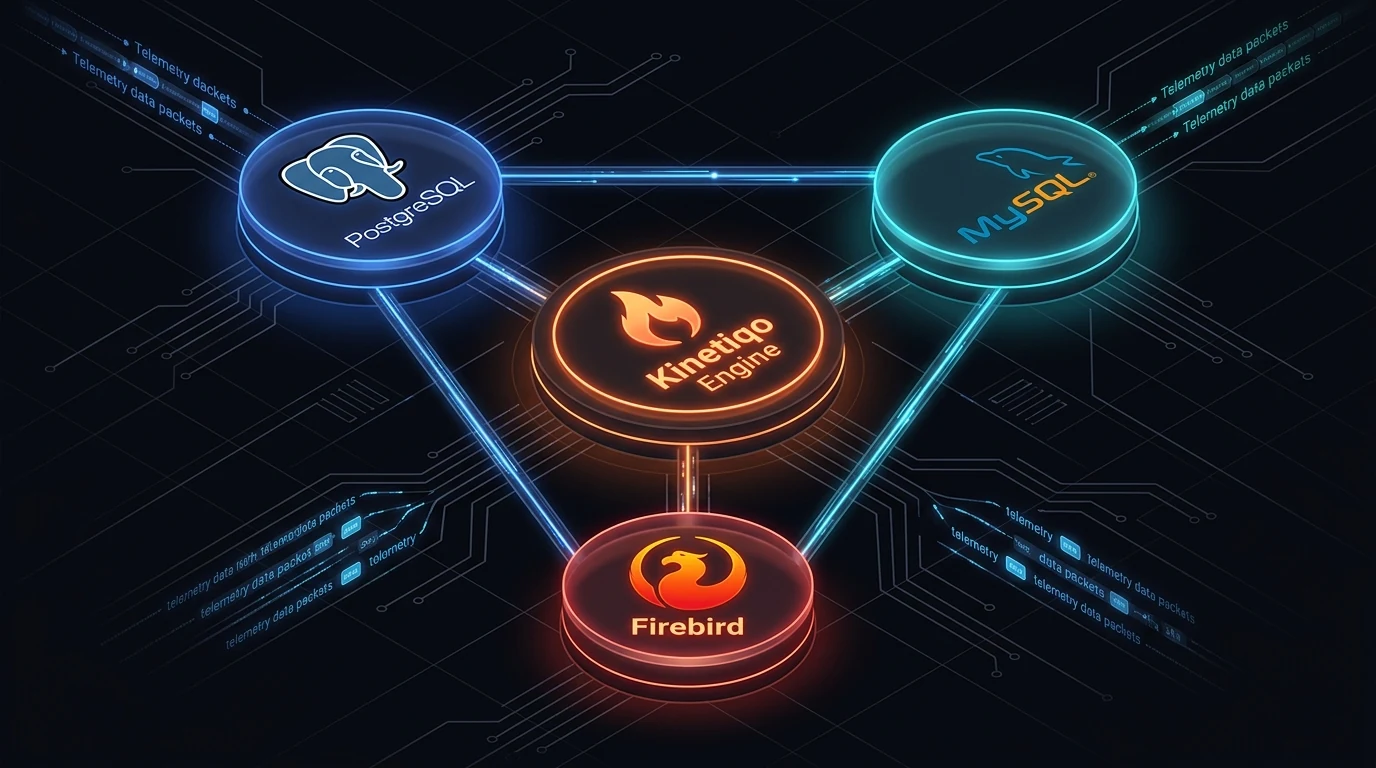 Multi-DB Architecture: PostgreSQL, MySQL, and Firebird connected to Kinetiqo Engine